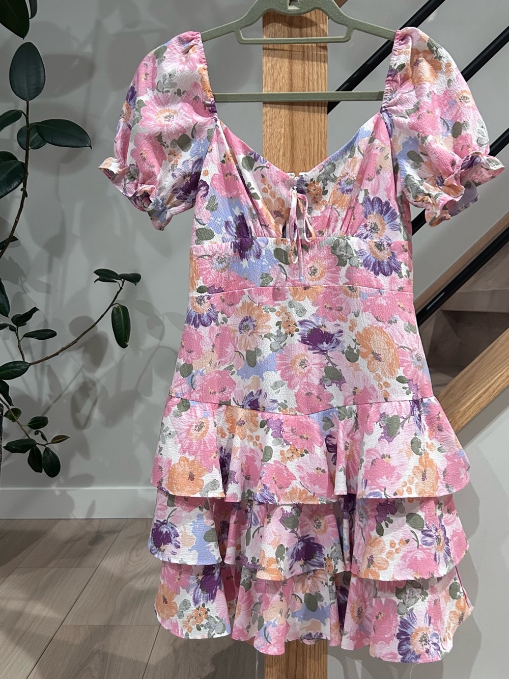 City Studio Pink Floral Tiered Puff-Sleeve Dress Size S